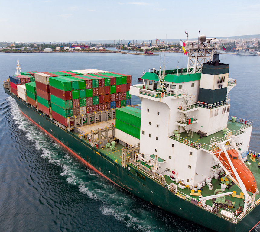 Aerial top view container ship, shipping or transportation concept background.